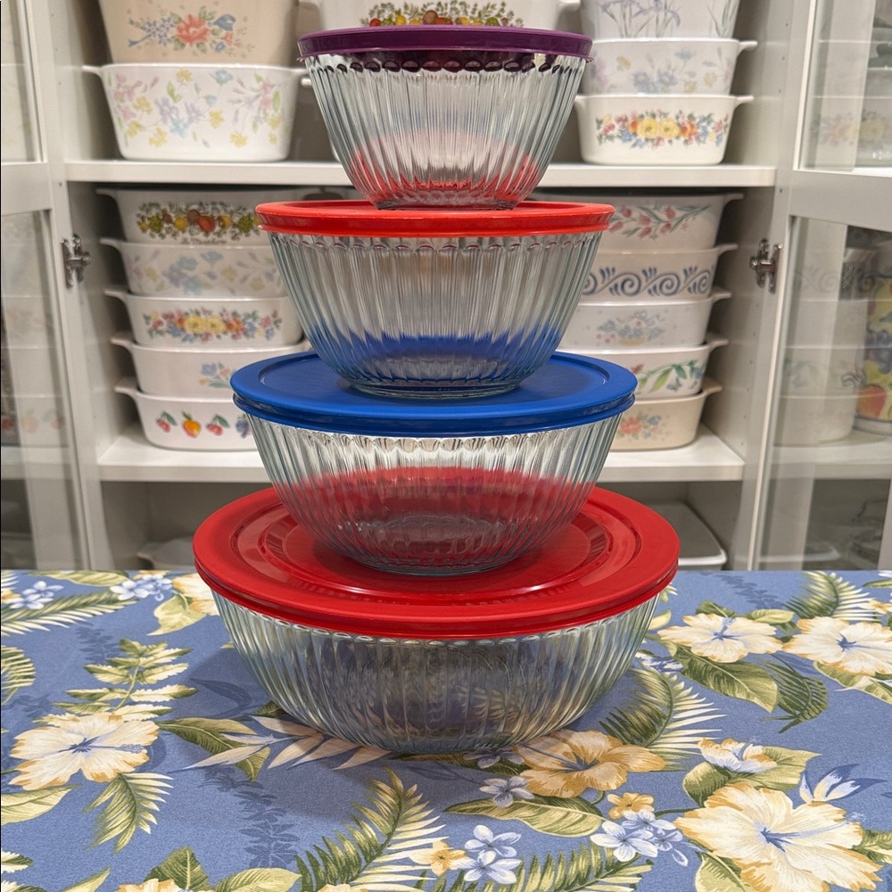 Pyrex Glass Bowl Set with Red, Blue, and Purple Lids